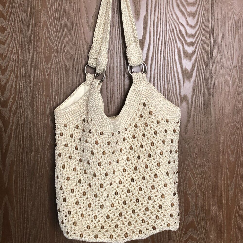 The Sak Hand-Crocheted Handbag Cream Color Wooden Beads